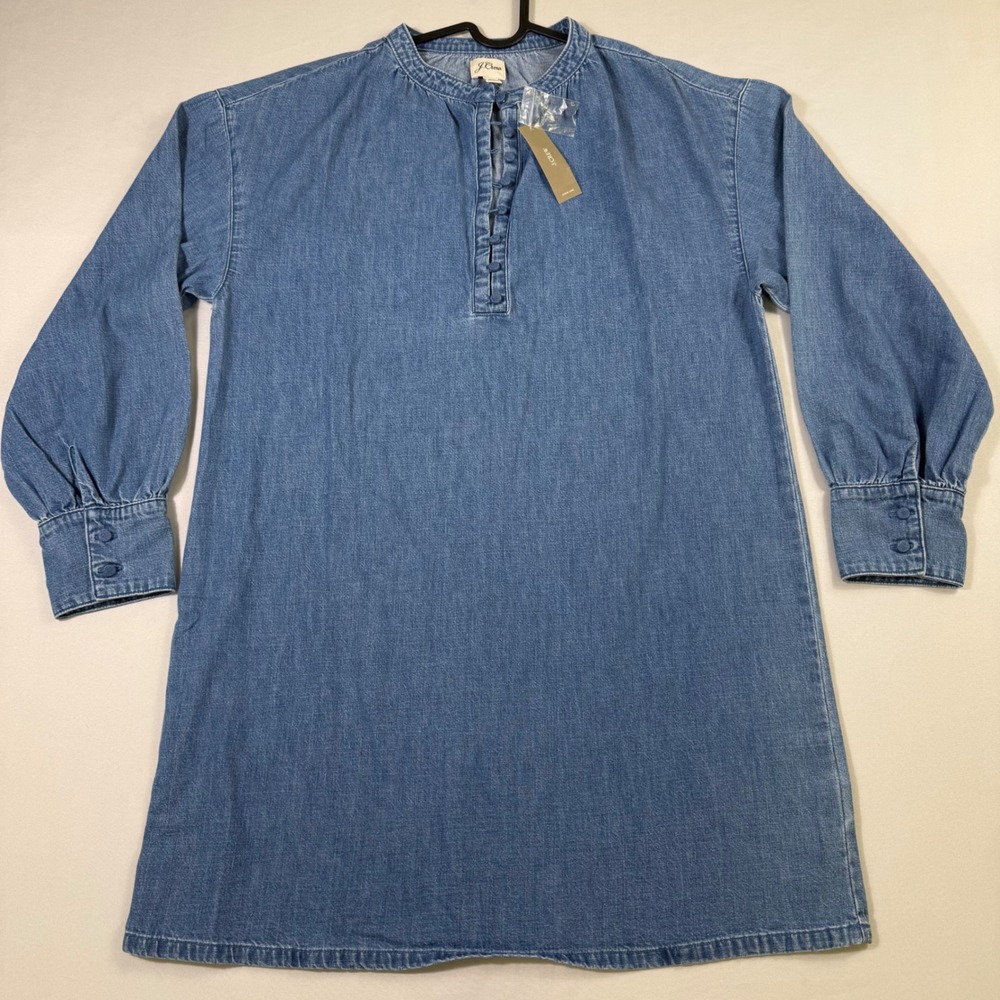 J.Crew Indigo Button Up Dress Womens M Blue Denim Banded Shirred Long Sleeve NEW